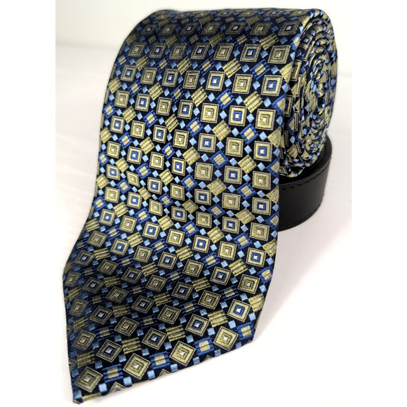 ENRO 100% Silk Neck Tie Blue Green Geometric Diamond 64" L 3.75" W - Picture 1 of 10